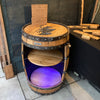 This Barrel Bar shows the smart lighting system at work. These lights can be controlled by remote, using an app on your phone, or via your home system, such as Alexa. This model is light wood, clean patina, open front, and it also has the removable turntable base, 5-bottle rack and custom engraved top.