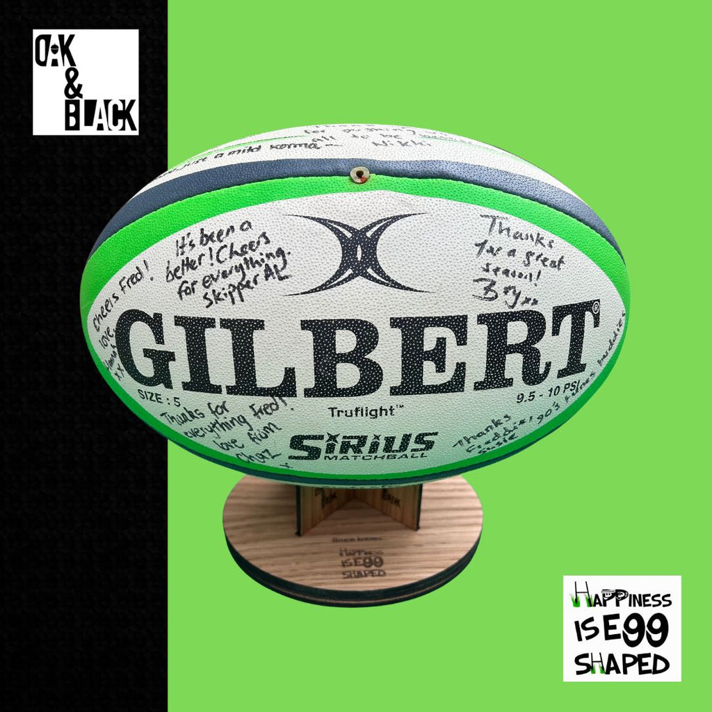 Happiness is Egg Shaped Rugby Ball Stand – Oak & Black
