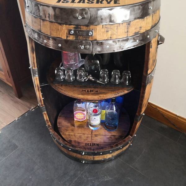 This custom engraved Barrel Bar is open display and makes great use of the removable turntable base (lazy Susan) to easily access the bottles at the back. 