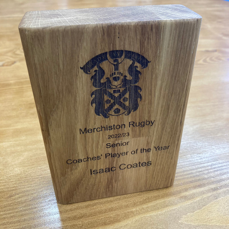 Sustainable Oak Award blocks. Various sizes: mini, small, medium and large. Ideal for schools, clubs, businesses to celebrate their people.