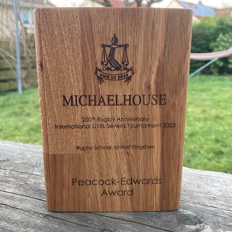 Sustainable Oak Award blocks. Various sizes: mini, small, medium and large. Ideal for schools, clubs, businesses to celebrate their people.
