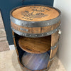 A custom retirement gift, this Barrel Bar was commissioned by Spittal on Rule farm in the Scottish Borders to mark the service of one of its employees. This model is light wood, clean hoops, open front, and it has the custom engraved top, the 5-bottle rack, and the removable turntable base